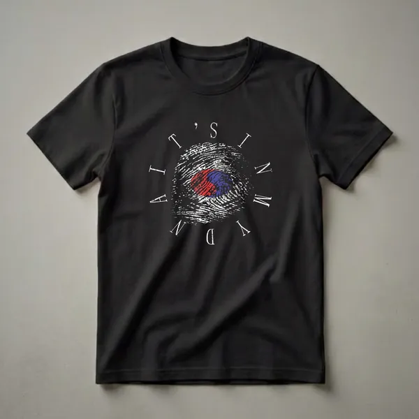 Black t-shirt featuring a fingerprint graphic with the South Korean flag in the center, surrounded by white text that reads "It's In My DNA".