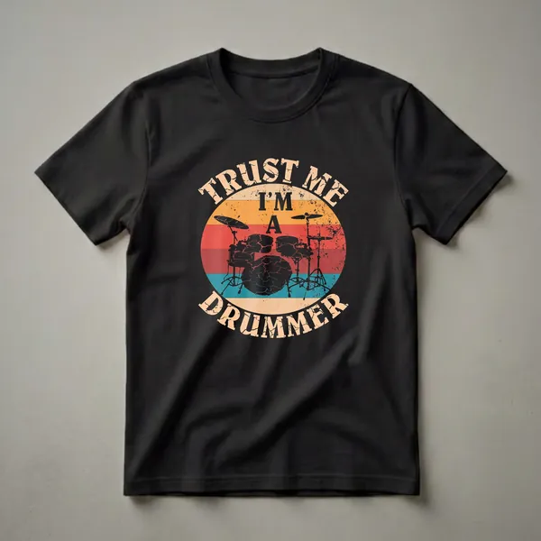 Black t-shirt with a vintage graphic of a drum set silhouette inside a cracked, retro-striped circle, with distressed text reading 'Trust Me I'm A Drummer'.