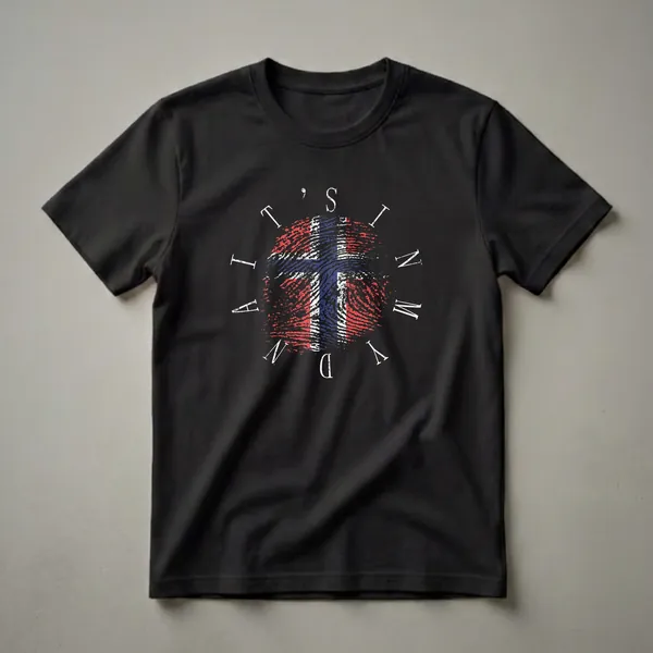 Black t-shirt with a fingerprint graphic filled with the Norwegian flag colors and the text 'IT'S IN MY DNA' around it.