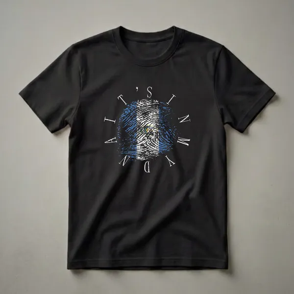 Black t-shirt with a fingerprint graphic filled with the El Salvador flag, featuring blue and white stripes and the national coat of arms.