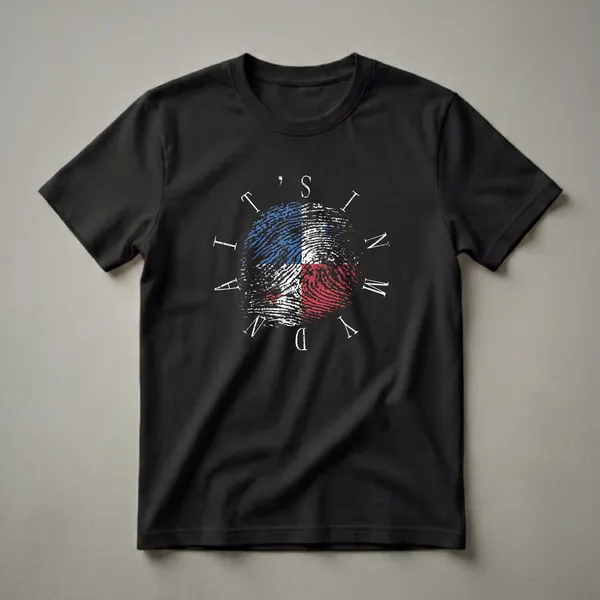 Black t-shirt with a fingerprint graphic filled with the Panamanian flag colors (red, white, blue) and the text 'IT'S IN MY DNA' in white.