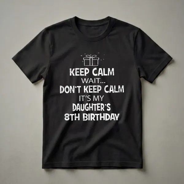 Black t-shirt with white distressed text that reads 'KEEP CALM WAIT... DON'T KEEP CALM IT'S MY DAUGHTER'S 8TH BIRTHDAY', with a graphic of a gift box and sparkles above the text.