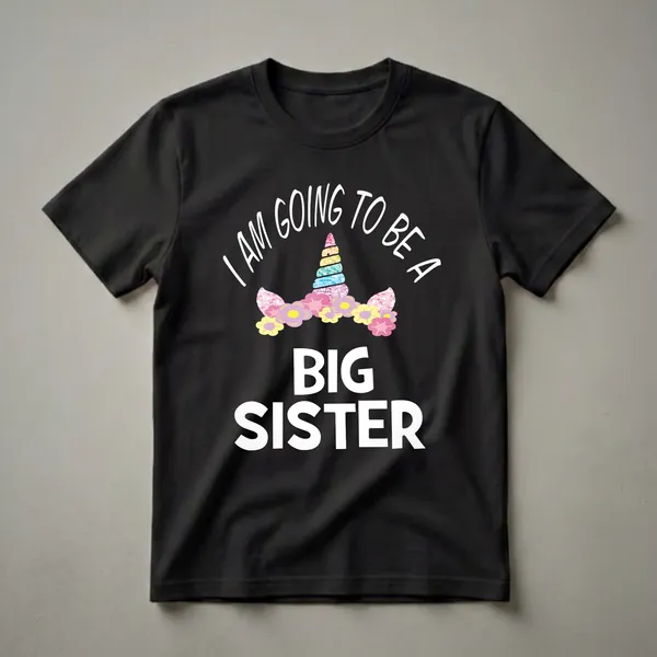 Black t-shirt with white text that reads 'I AM GOING TO BE A BIG SISTER' above a colorful unicorn horn and floral wreath.