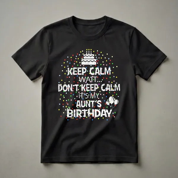Black t-shirt with white distressed text that says 'Keep Calm Wait Don't It's My Aunt's Birthday', surrounded by colorful confetti, balloons, and a birthday cake graphic.