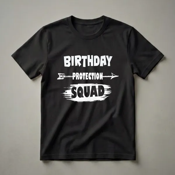 Black t-shirt with distressed white text reading "BIRTHDAY PROTECTION SQUAD" and a stylized arrow graphic.