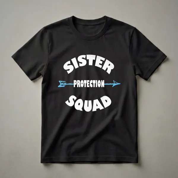 Black t-shirt with white distressed text that reads 'SISTER PROTECTION SQUAD' with a blue arrow graphic in the middle.