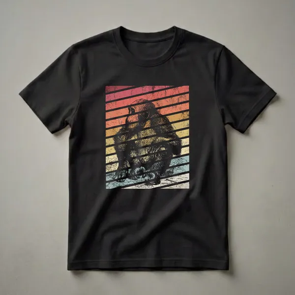 Black graphic t-shirt featuring a vintage drawing of a chimpanzee sitting, overlaid with horizontal retro stripes in sunset colors.