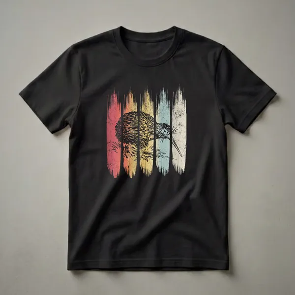 Black line drawing of a kiwi bird with a long beak, standing on a surface, set against vertical distressed stripes in red, orange, yellow, blue, and cream colors.