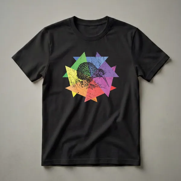 Black line drawing of a kiwi bird on a distressed rainbow triangle background, featured on a black t-shirt.