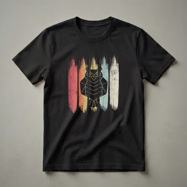 Black t-shirt with a geometric owl graphic in black outline and fill, set against distressed vertical stripes in red, orange, yellow, teal, and cream.