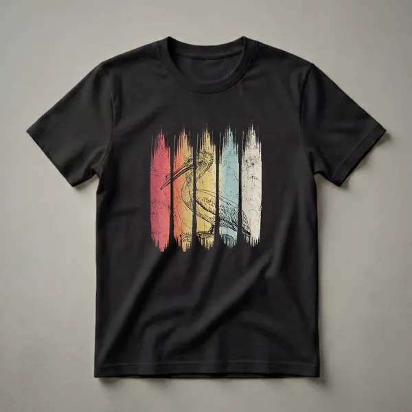 Black graphic t-shirt featuring a vintage line drawing of a pelican against distressed vertical stripes in red, orange, yellow, light blue, and cream.