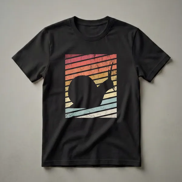 Black silhouette of a snail with antennae against a background of horizontal retro stripes in shades of red, orange, yellow, and teal, with a distressed texture.