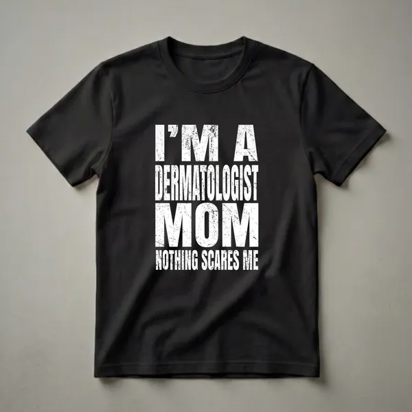 Black t-shirt with distressed white text that reads "I'M A DERMATOLOGIST MOM NOTHING SCARES ME."