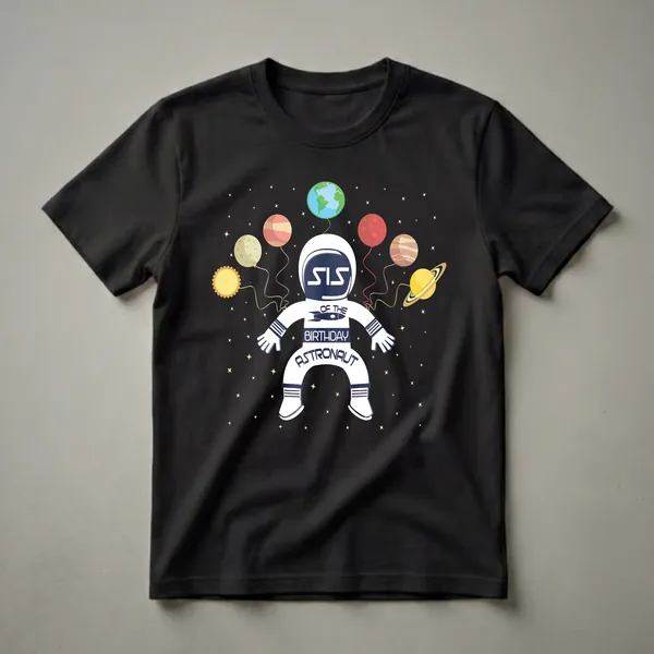 White graphic t-shirt featuring a cartoon astronaut in space with planets and stars, text reads 'SIS OF THE BIRTHDAY ASTRONAUT'.