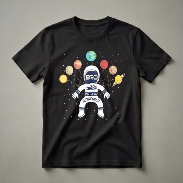 White t-shirt with a black background featuring a cartoon astronaut graphic with 'Bro of the Birthday Astronaut' text and planet balloons.