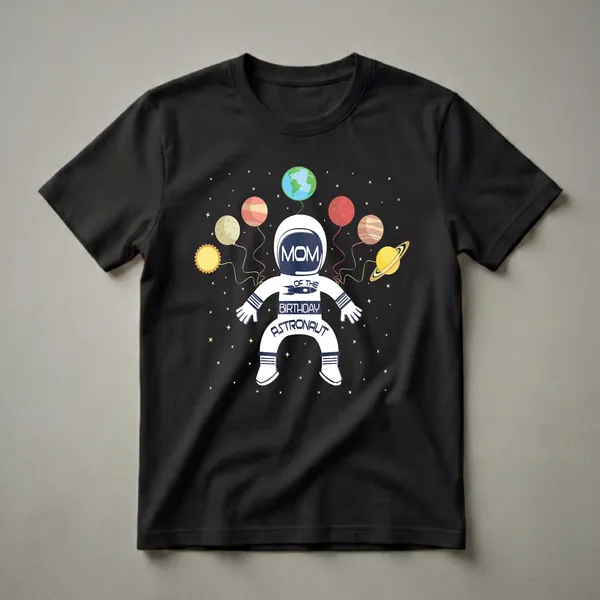 White astronaut t-shirt with 'Mom Of The Birthday Astronaut' text and planet balloons against a black starry background.