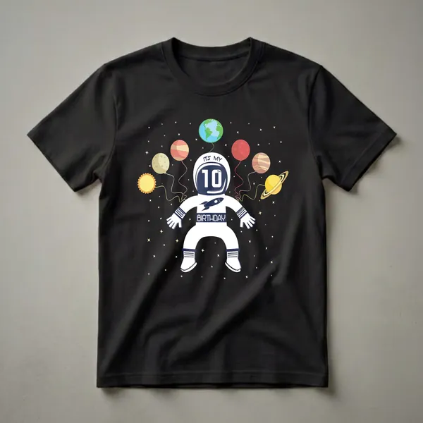 White astronaut t-shirt with navy blue accents, featuring the text 'IT'S MY 10TH BIRTHDAY', a rocket, and balloons shaped like planets and stars against a black background.