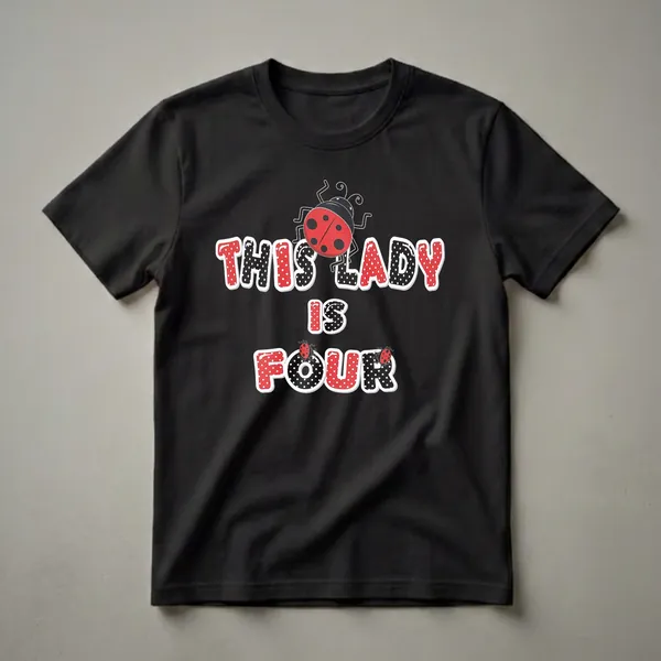Black t-shirt with red and black polka-dot text that reads 'THIS LADY IS FOUR', adorned with cartoon ladybugs.