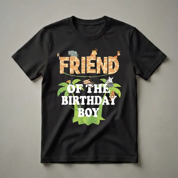 Black t-shirt with 'FRIEND OF THE BIRTHDAY BOY' in large white and giraffe-print letters, surrounded by cartoon jungle animals and green foliage.