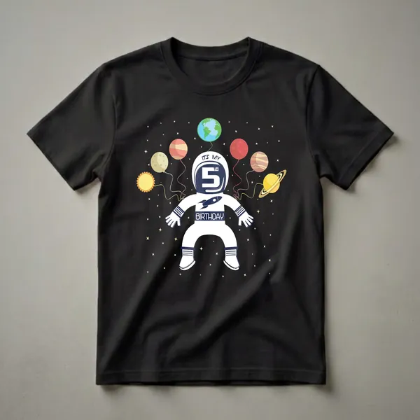 White astronaut t-shirt with a navy blue helmet displaying 'IT'S MY 5TH BIRTHDAY' and a rocket, surrounded by planet balloons against a black background with yellow stars.