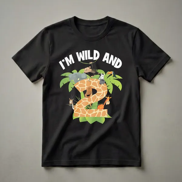 Cartoon jungle animals surround a large number '2' with text 'I'M WILD AND' above, on a black background.