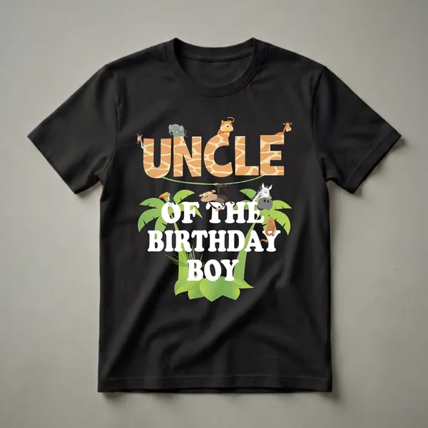 Black t-shirt with "Uncle Of The Birthday Boy" in white text, surrounded by cartoon jungle animals like a giraffe, tiger, elephant, monkey, and zebra, with green palm leaves.