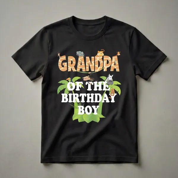 Black t-shirt with "Grandpa Of The Birthday Boy" text surrounded by cartoon jungle animals like a tiger, elephant, giraffe, monkey, toucan, zebra, and snake, with palm leaves.