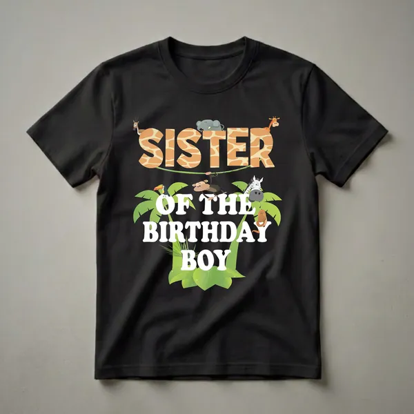 A black t-shirt featuring the text 'SISTER OF THE BIRTHDAY BOY' in white and giraffe print letters, surrounded by cartoon jungle animals like a monkey, elephant, giraffe, zebra, and toucan, with palm leaves.
