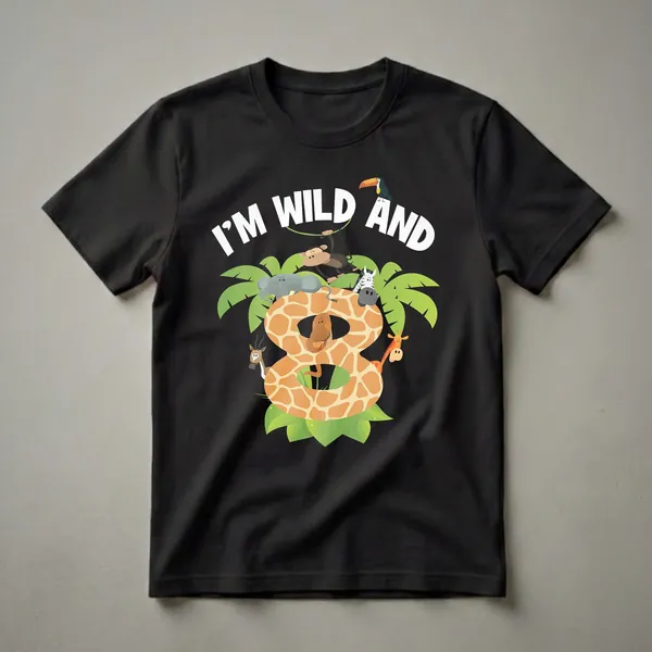Black t-shirt featuring the text 'I'M WILD AND' above a large giraffe-patterned number 8, surrounded by cartoon jungle animals including a monkey, toucan, elephant, zebra, gazelle, giraffe, and snake.