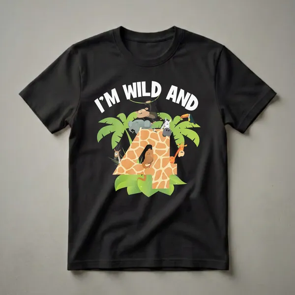 White text 'I'M WILD AND' above a large giraffe-print number 4, surrounded by cartoon jungle animals like a monkey, elephant, zebra, hippo, toucan, gazelle, and snake, with green palm leaves on a black background.