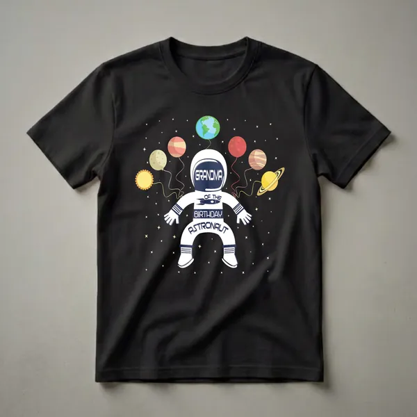 White graphic t-shirt featuring a navy and white astronaut holding balloons shaped like planets and the sun against a black starry background.