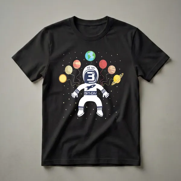 White graphic t-shirt with a navy and white astronaut design, surrounded by cartoon planets and yellow stars, celebrating a 3rd birthday.