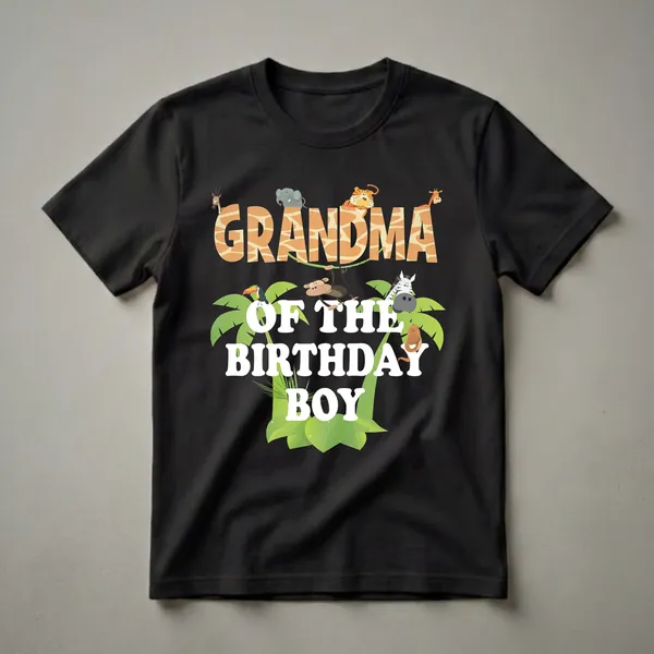 Black t-shirt with "GRANDMA OF THE BIRTHDAY BOY" in white text, surrounded by cartoon jungle animals like a giraffe, elephant, tiger, monkey, toucan, zebra, and snake, with green palm leaves.