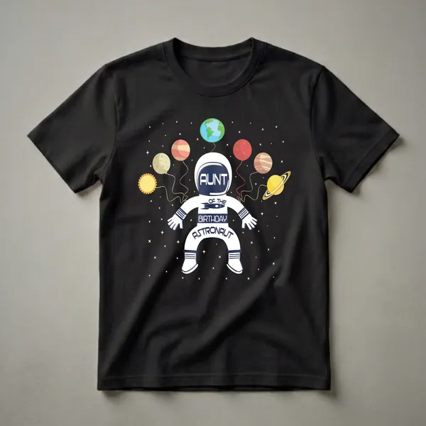 White graphic t-shirt with a navy and white astronaut design, surrounded by balloons shaped like planets and stars, with text reading 'AUNT OF THE BIRTHDAY ASTRONAUT'.