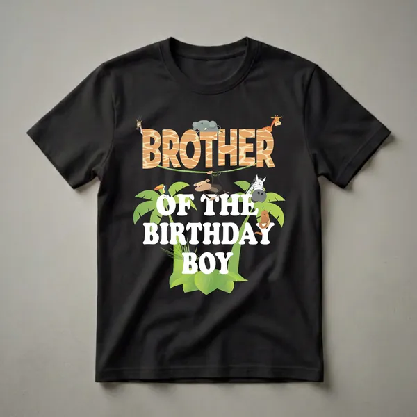 Black t-shirt with 'Brother of the Birthday Boy' text in orange and white, surrounded by cartoon jungle animals like a giraffe, elephant, monkey, toucan, zebra, and snake, with green palm leaves.
