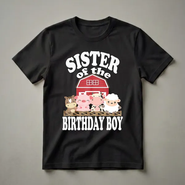 Black t-shirt with white text 'Sister of the Birthday Boy' and a graphic of a red barn with a horse, pig, cow, and sheep on a wooden fence.