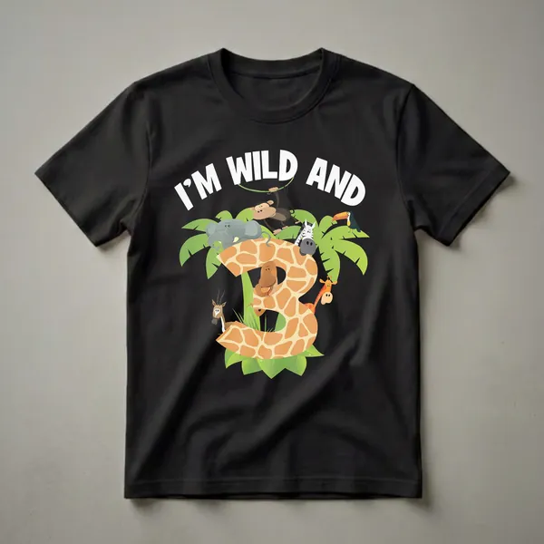 Black t-shirt featuring a large, giraffe-print number '3' surrounded by cartoon jungle animals including a monkey, elephant, zebra, toucan, gazelle, snake, and giraffe, with white text 'I'M WILD AND'.
