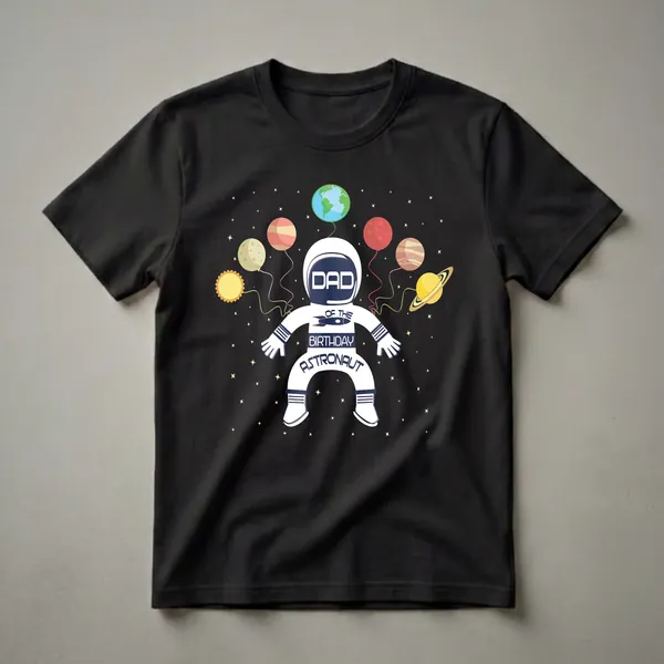 White graphic t-shirt featuring a navy and white astronaut design with the words DAD OF THE BIRTHDAY ASTRONAUT, surrounded by planet balloons and stars.