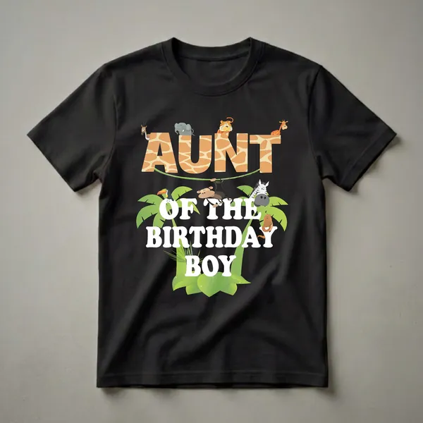 A black t-shirt featuring the text 'AUNT OF THE BIRTHDAY BOY' in white, surrounded by cartoon jungle animals like a giraffe, elephant, tiger, monkey, zebra, toucan, and snake, with giraffe print letters for 'AUNT'.