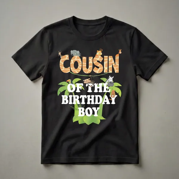 White graphic t-shirt with "COUSIN OF THE BIRTHDAY BOY" text, surrounded by cartoon jungle animals like a giraffe, elephant, tiger, monkey, zebra, toucan, antelope, and snake, with green palm leaves.