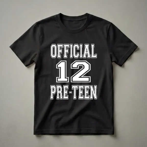 Black t-shirt with white collegiate-style text that reads 'OFFICIAL 12 PRE-TEEN'.