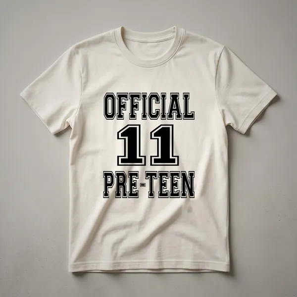 White graphic t-shirt with the number 11 and the word 'Preteen' in a distressed, bold font, celebrating an 11th birthday.