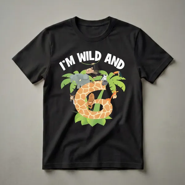 A black t-shirt with a colorful graphic that reads 'I'M WILD AND 6' surrounded by cartoon jungle animals including a giraffe, elephant, monkey, zebra, toucan, gazelle, and snake.