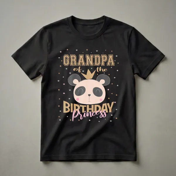 Black t-shirt with 'Grandpa of the Birthday Princess' text and a cartoon panda wearing a crown, surrounded by stars.