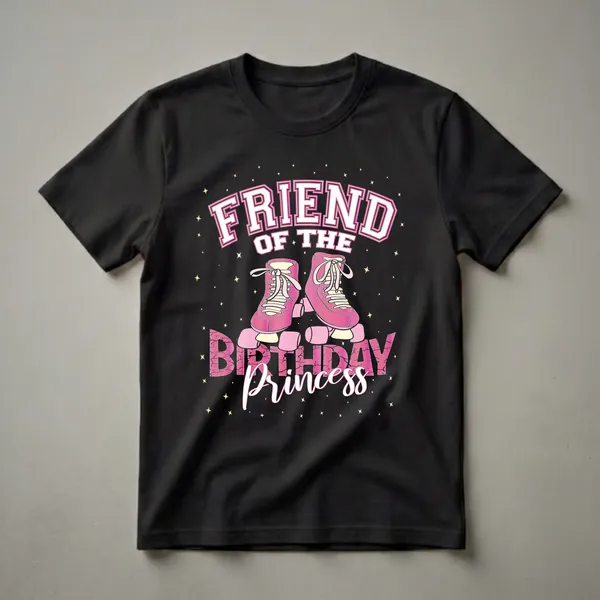 Black t-shirt with pink roller skates and the text 'Friend Of The Birthday Princess' in white and pink lettering, surrounded by yellow stars.
