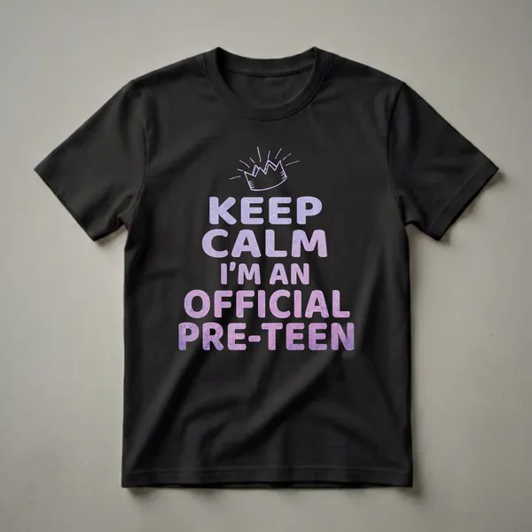 Black t-shirt with purple and pink gradient text that reads 'KEEP CALM I'M AN OFFICIAL PRE-TEEN' and a hand-drawn crown graphic.