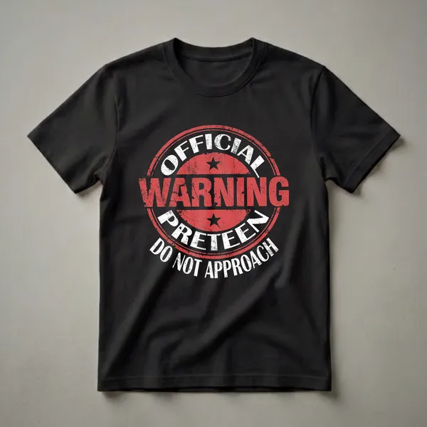 Black t-shirt with a distressed red and white circular graphic that reads 'OFFICIAL PRETEEN DO NOT APPROACH' and 'WARNING' with stars.