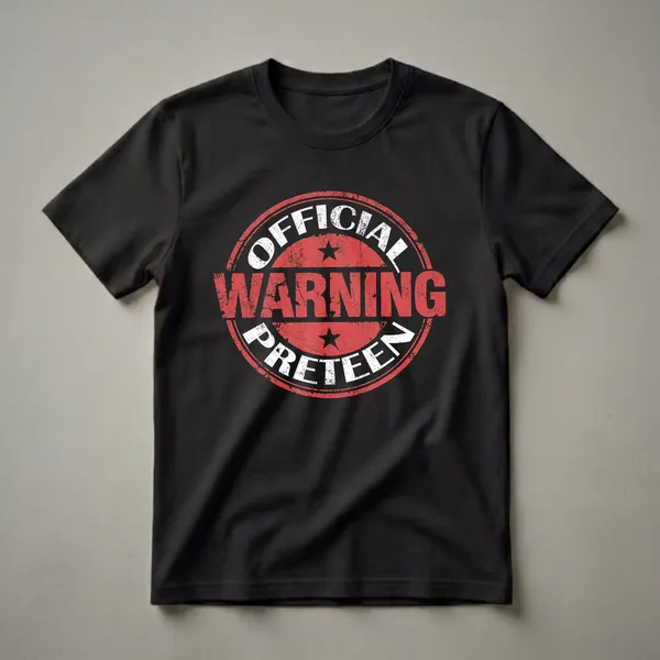 Black t-shirt with a distressed red and white circular graphic that reads 'OFFICIAL WARNING PRETEEN' with two black stars.