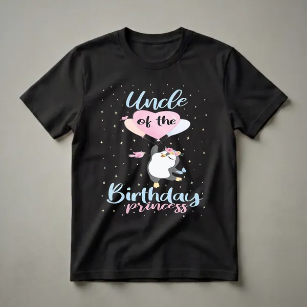 Black t-shirt with a cartoon penguin wearing a flower crown, holding balloons, with text 'Uncle of the Birthday Princess' and stars.