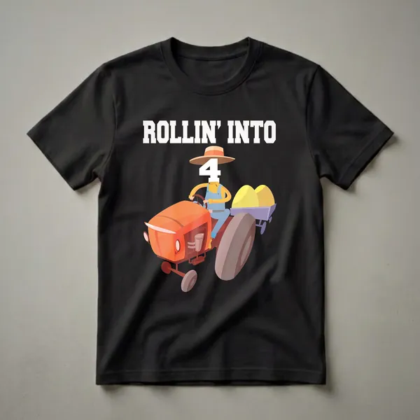 Orange tractor graphic t-shirt for boys, featuring a cartoon farmer with the number 4 as his head, driving the tractor and pulling a cart of hay bales.
